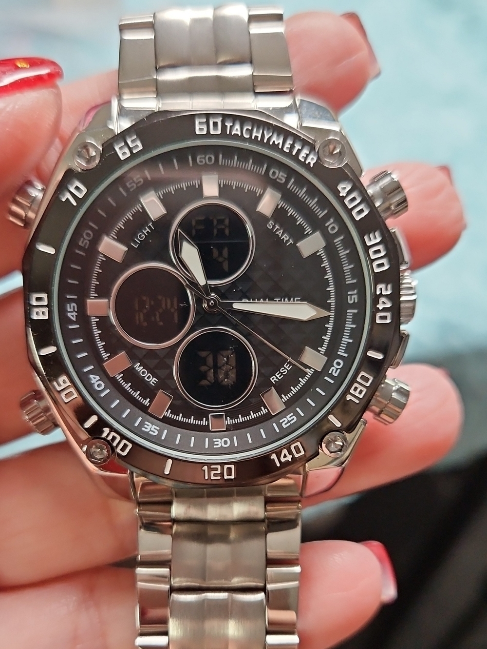 Stainless Steel Tachymeter Chronograph Watch - Black Dial